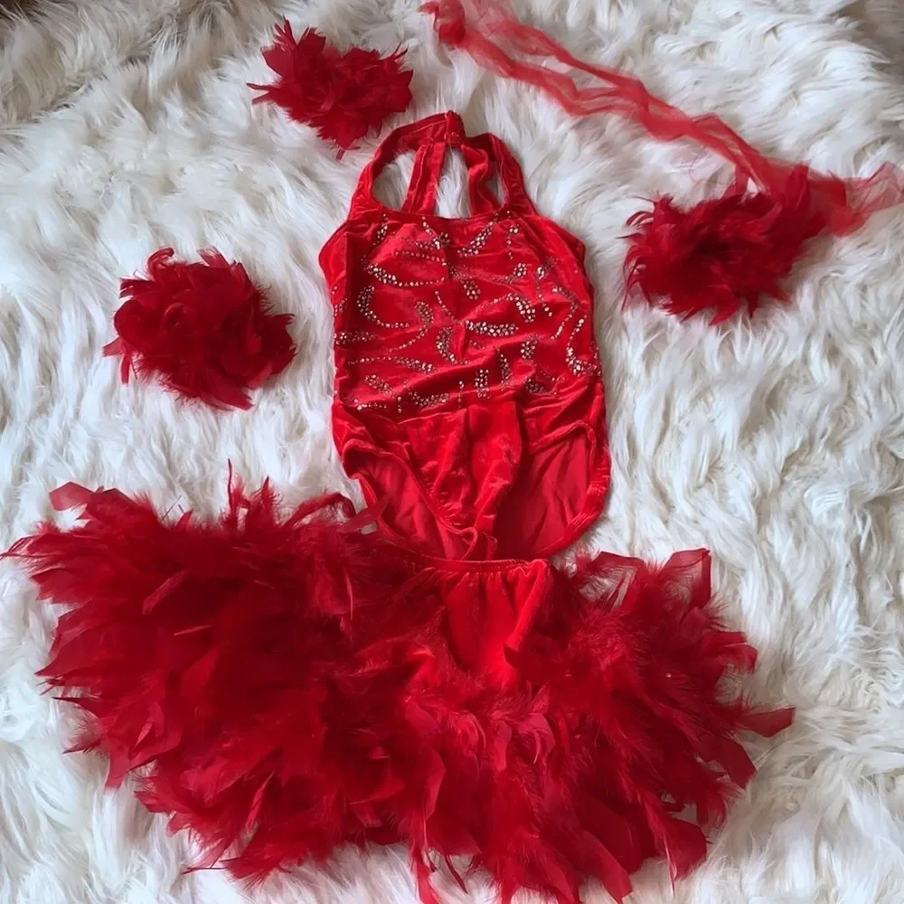 Kids Red velvet sequin and feather tap outfit